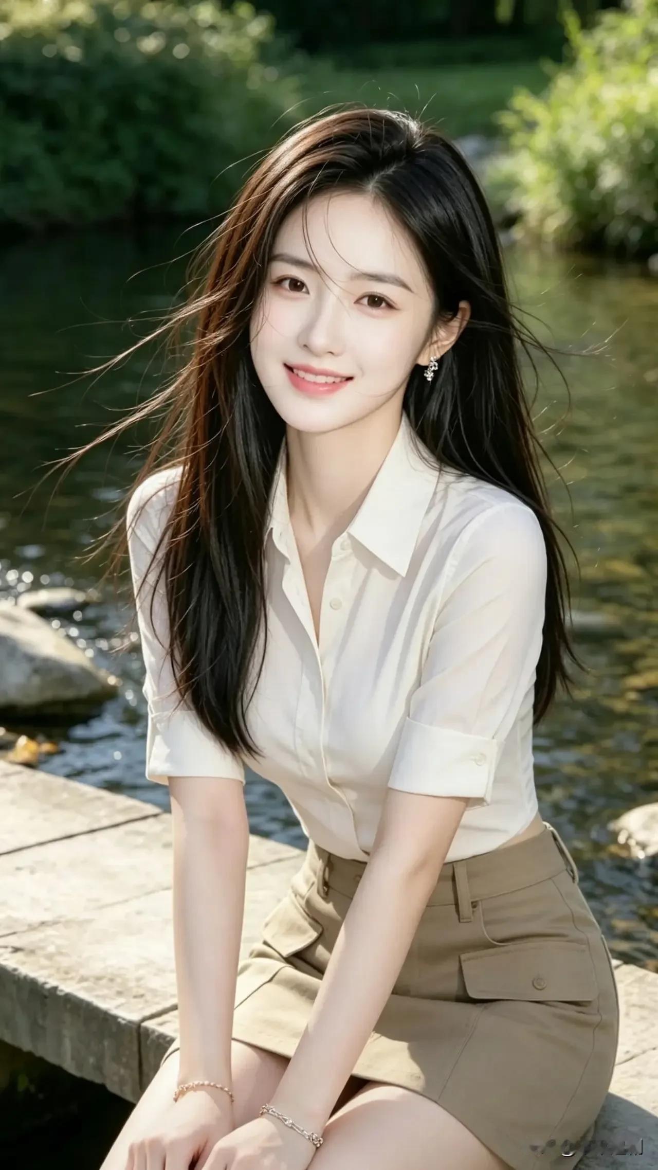 溪水清浅，风拂长发，一笑便是人间好时节。温柔治愈款美女治愈系风景美女