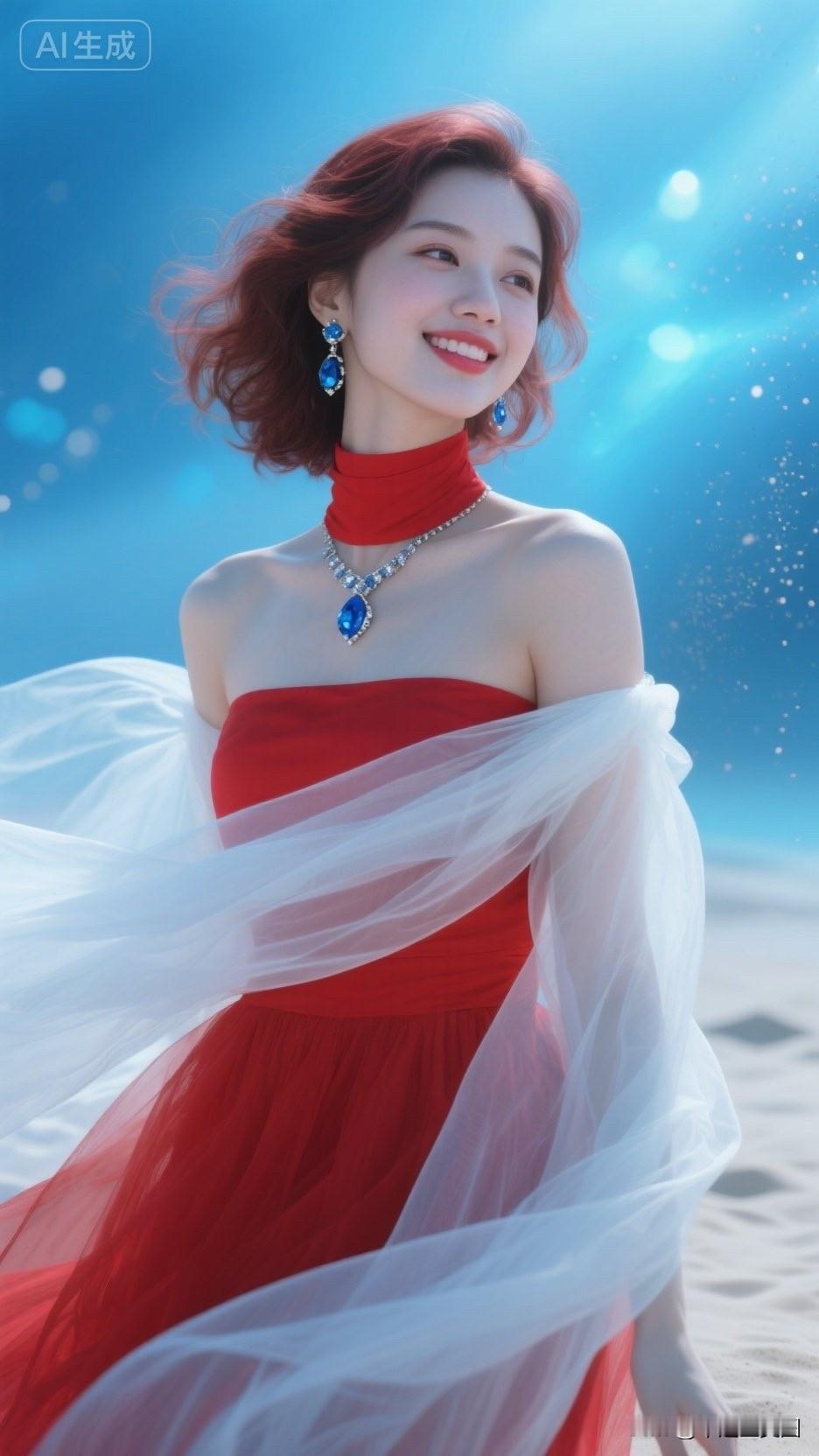 这位女士在海边笑得真开心！