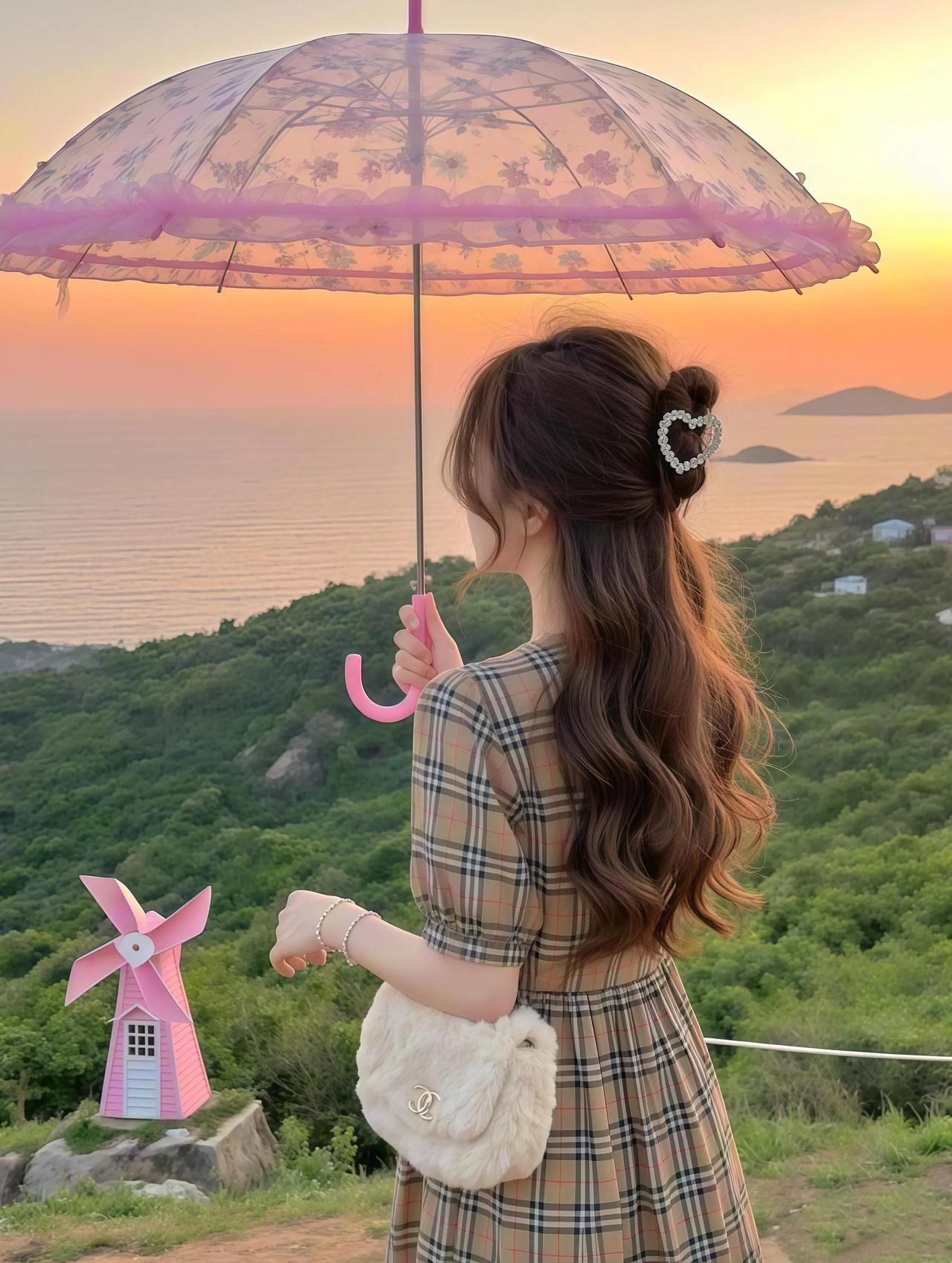 在海边撑起一把花伞