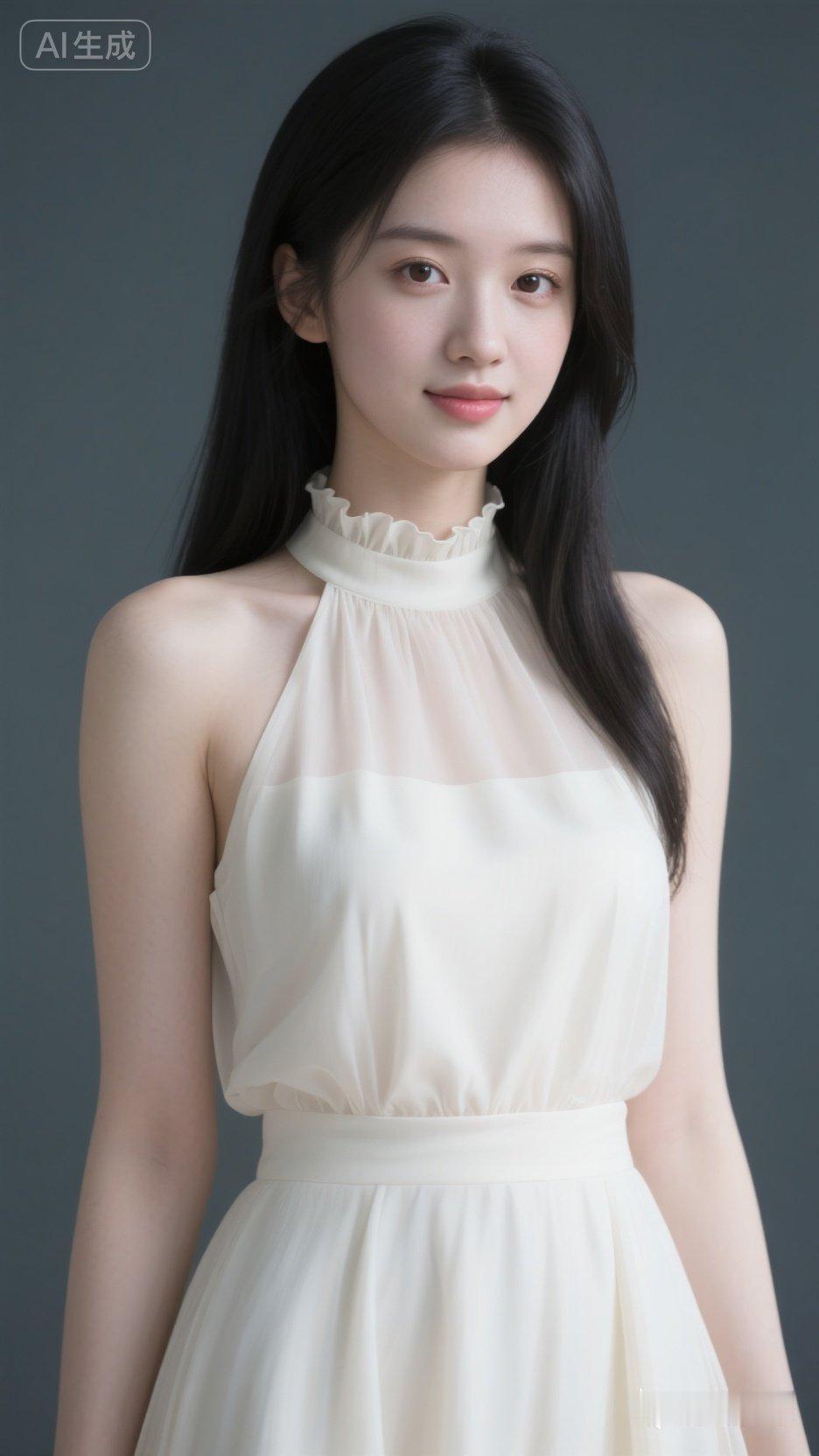 一个穿白色连衣裙的女孩在微笑。