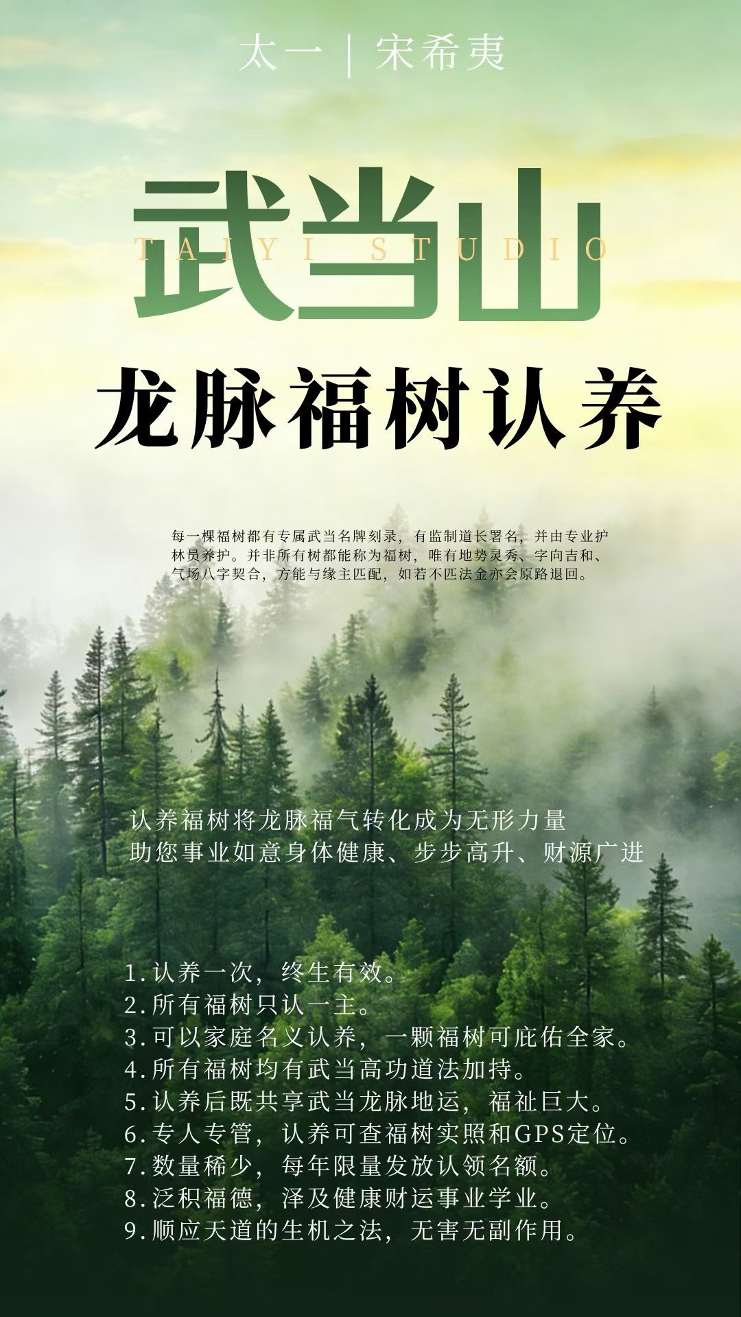 上半年的武当龙脉福树认养报名即将结束。所认养的福树，植根于武当龙脉之灵地，并且已
