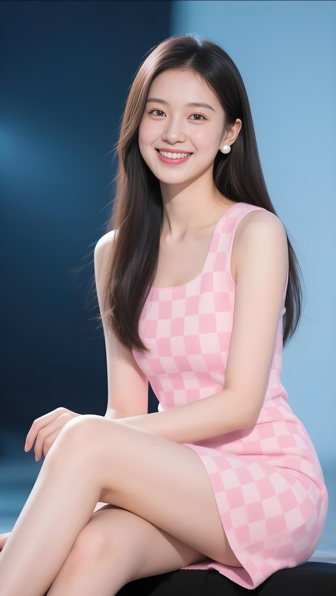 甜美少女风，粉色格子连衣裙，微笑的魅力