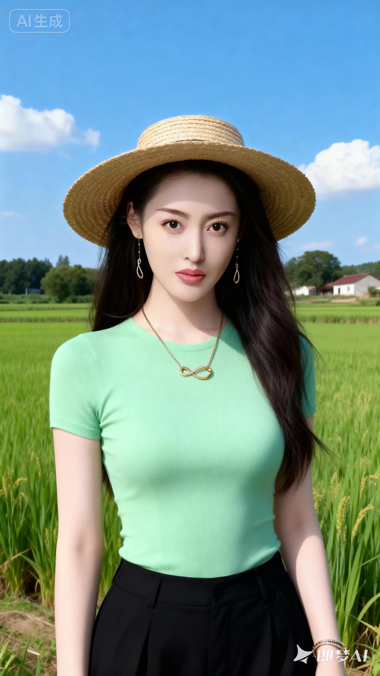 夏日田园风穿搭，草帽+薄荷绿T恤，清新自然！🌿👒💚