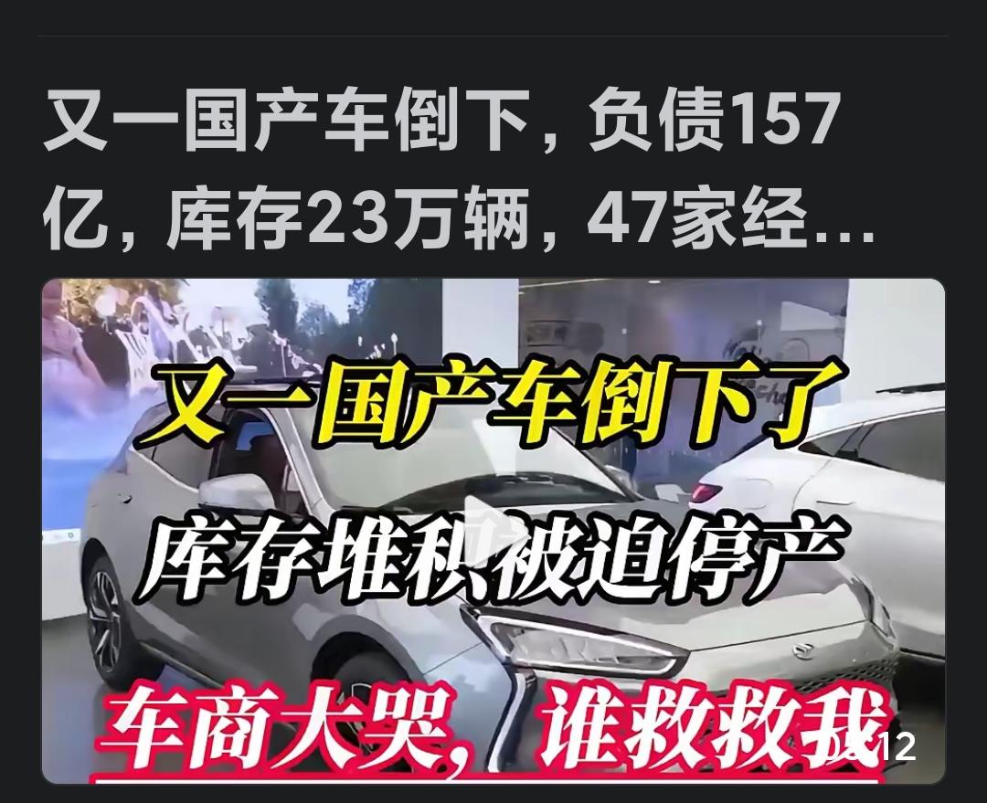 阴公啰，又一家国产车企倒下了。我想替消费者弱弱问一句，要是国产车企倒闭了，其零