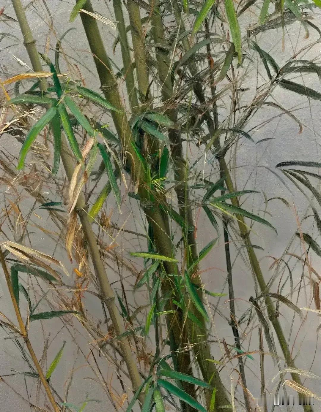 冷军以超写实技术画竹，将国画竹子画法与油画技巧融合。竹子的纹理、色彩等细节刻画细