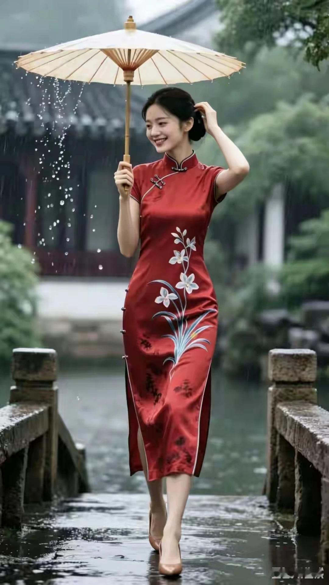 细雨蒙蒙撑把伞，悠闲自得田园间。江南自古富庶地，旗袍美女若天仙。