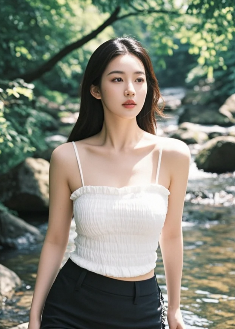 溪水流淌，她静静站在那里，美得惊心动魄