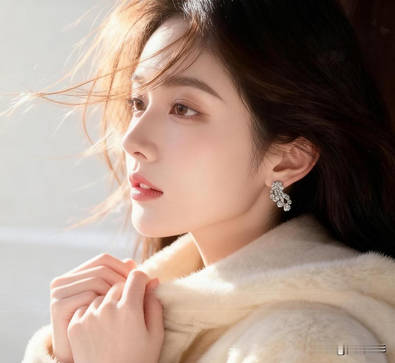 光之影冬日暖阳下，温柔少女轻抚毛绒外套，闪耀耳环点缀，唯美动人。毛绒少女照