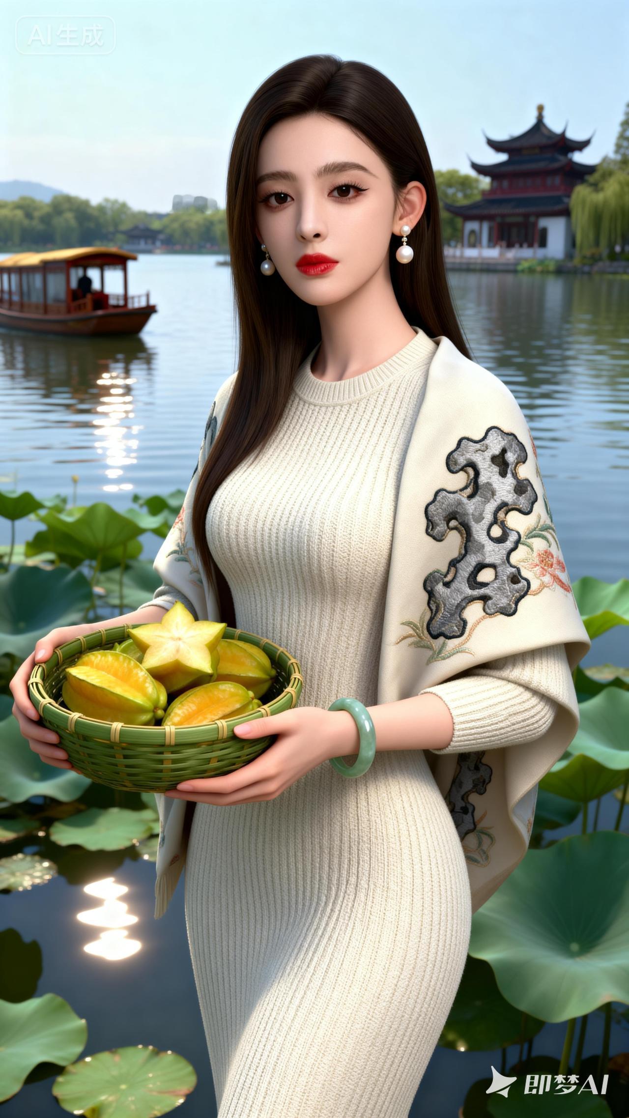 在宁静的荷塘边，手持一篮新鲜莲子，感受自然的美好与宁静。