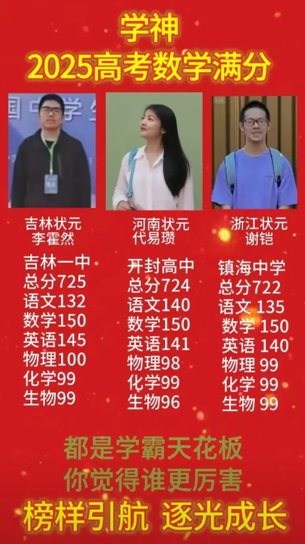 这三位学霸状元厉害的超乎想象，除了语文和英语扣了10几分以外，数学都是满分150