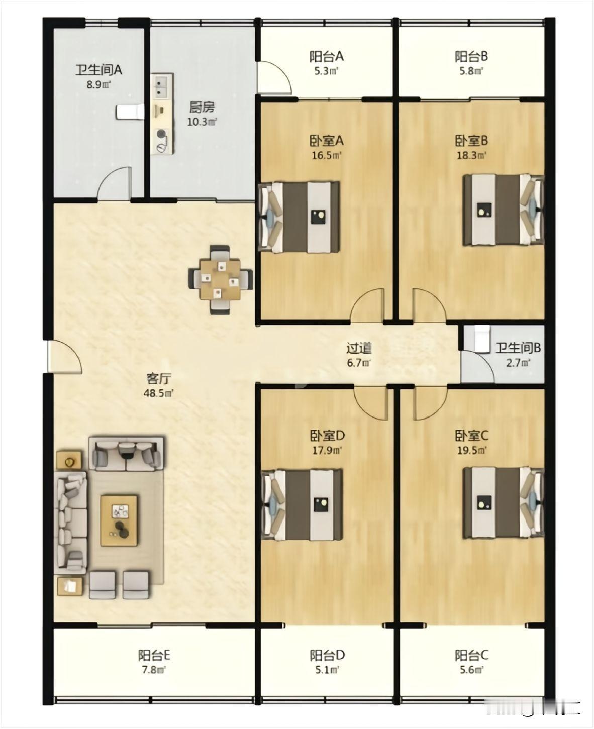 这个户型看起来方方正正，还是个四居室，客厅也很大。但很多人说了，你看看这个卫生间