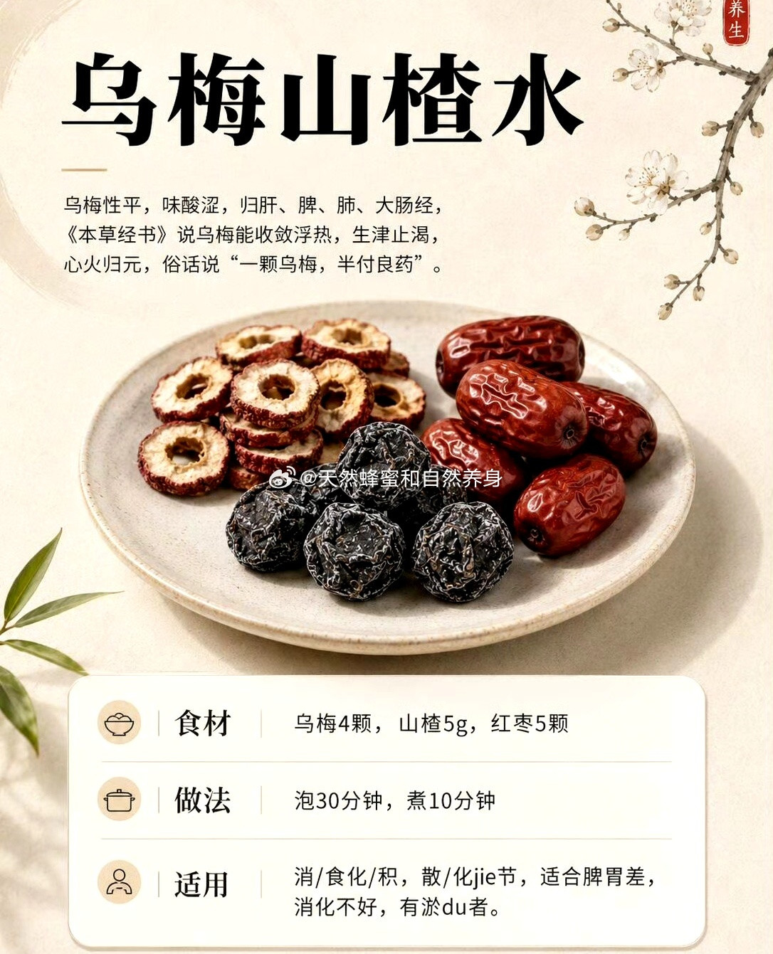 养生：乌梅山楂水乌梅性平，味酸涩，归肝、脾、肺、大肠经，《本草经书》说乌梅能收敛