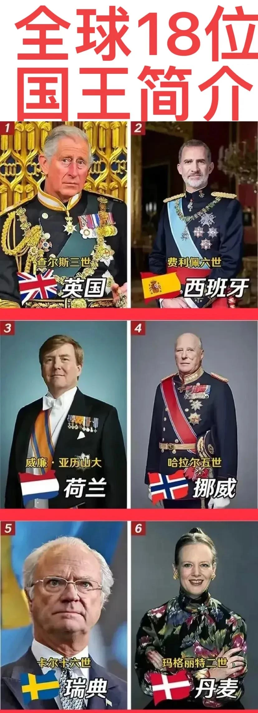 目前全球的18位国王简介。