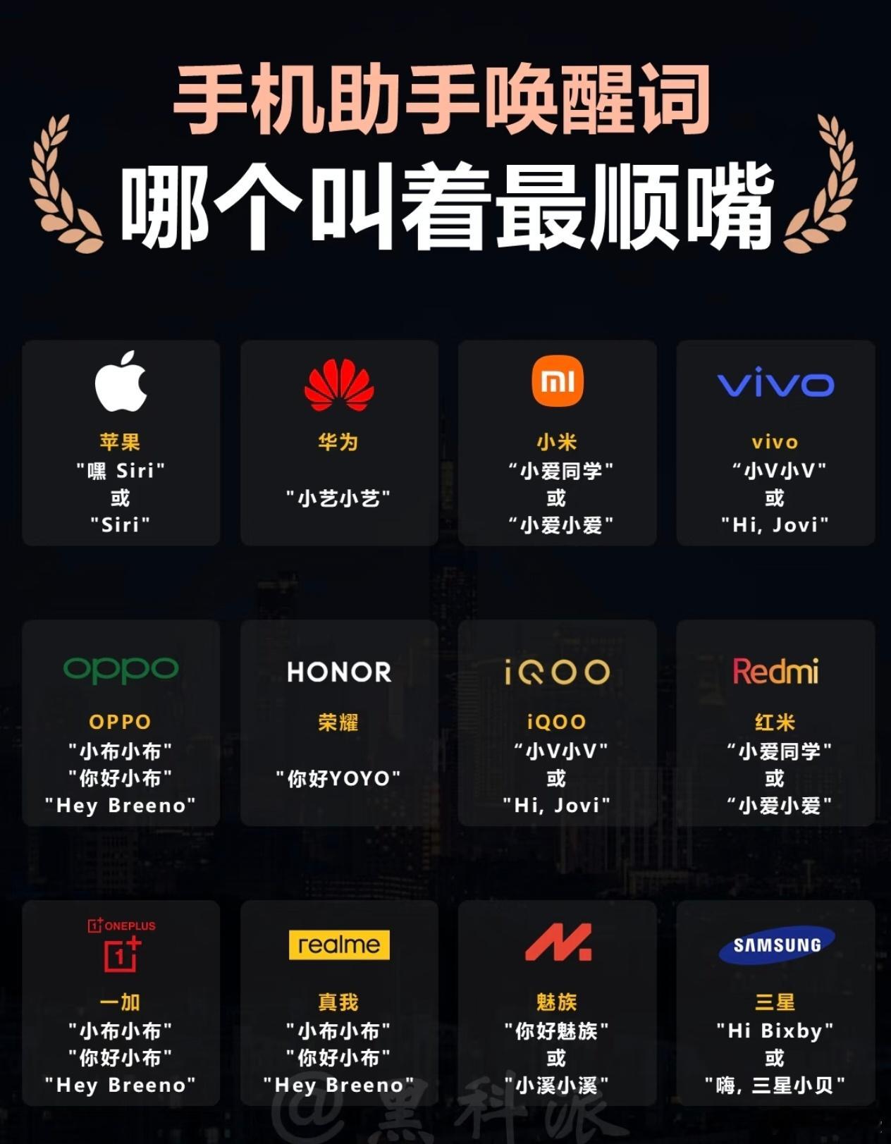 各品牌手机助手唤醒词你觉得哪个叫着最顺嘴？