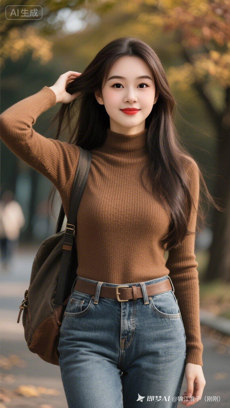 穿毛衣背背包的女孩在散步。