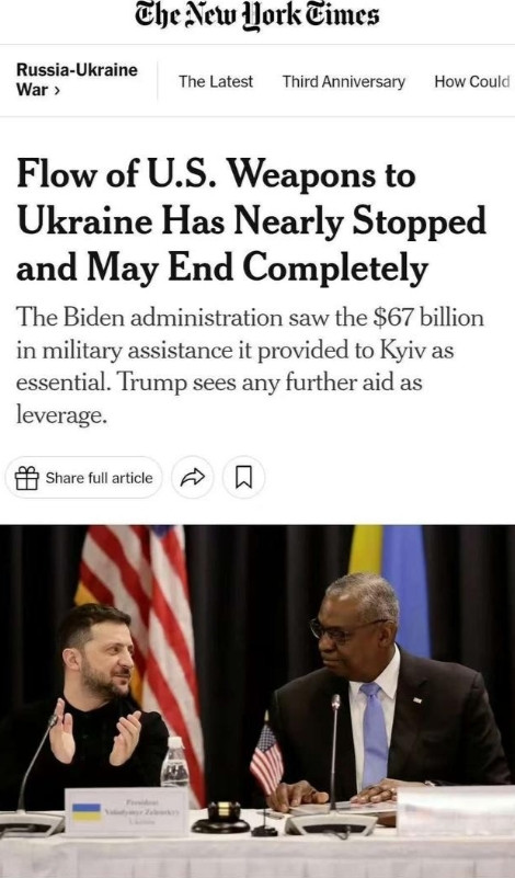 现在事情已经很清楚了，美国要立刻切断对乌克兰军援。如果俄罗斯军队在2025年还是