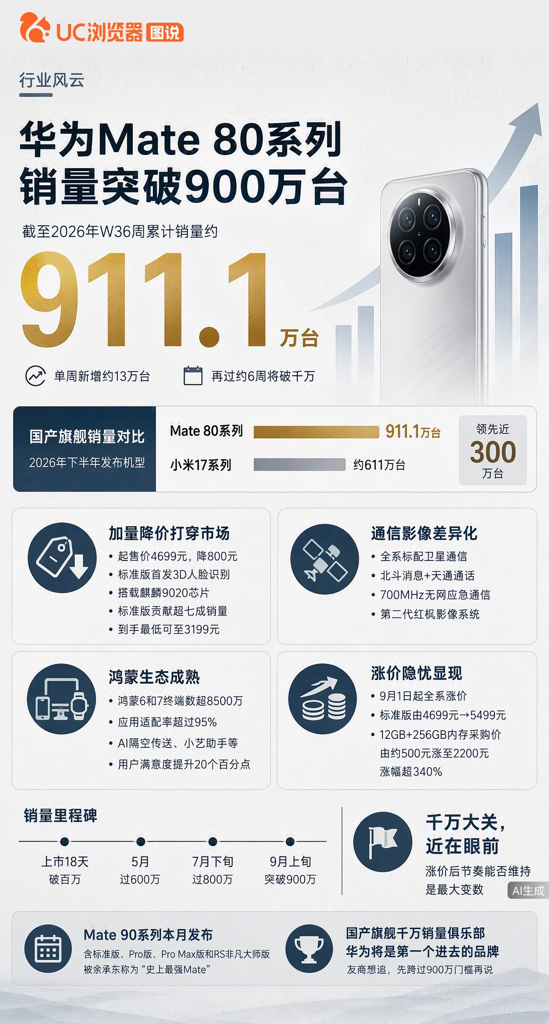 华为Mate80系列销量破911万台，靠降价800元打穿市场。但9月起全系涨价800元，存储成本飙升