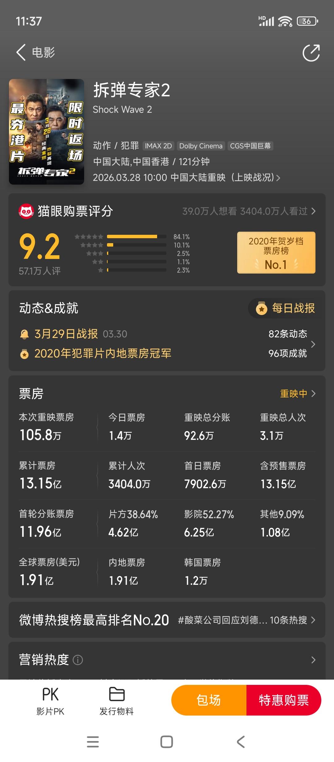 短短四天重映拆弹专家2已经票房冲破100万还是不错的毕竟这还是四五年前的作