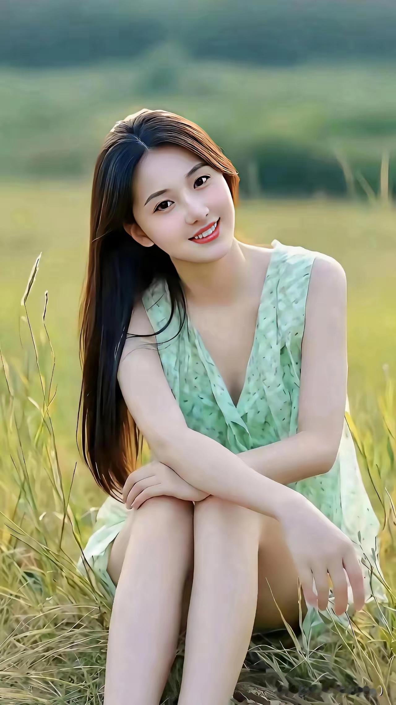 阳光下的清新少女，微笑着坐在草地上，享受着美好的时光。