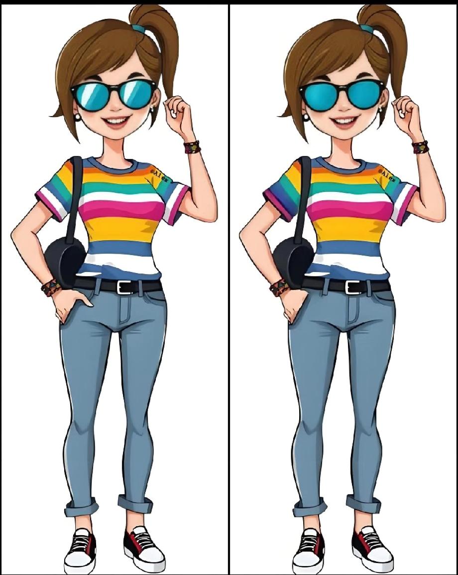 这两张图的“隐藏差异”太绝了！彩虹T恤+墨镜的搭配里藏着细节，你能3秒找出吗？评