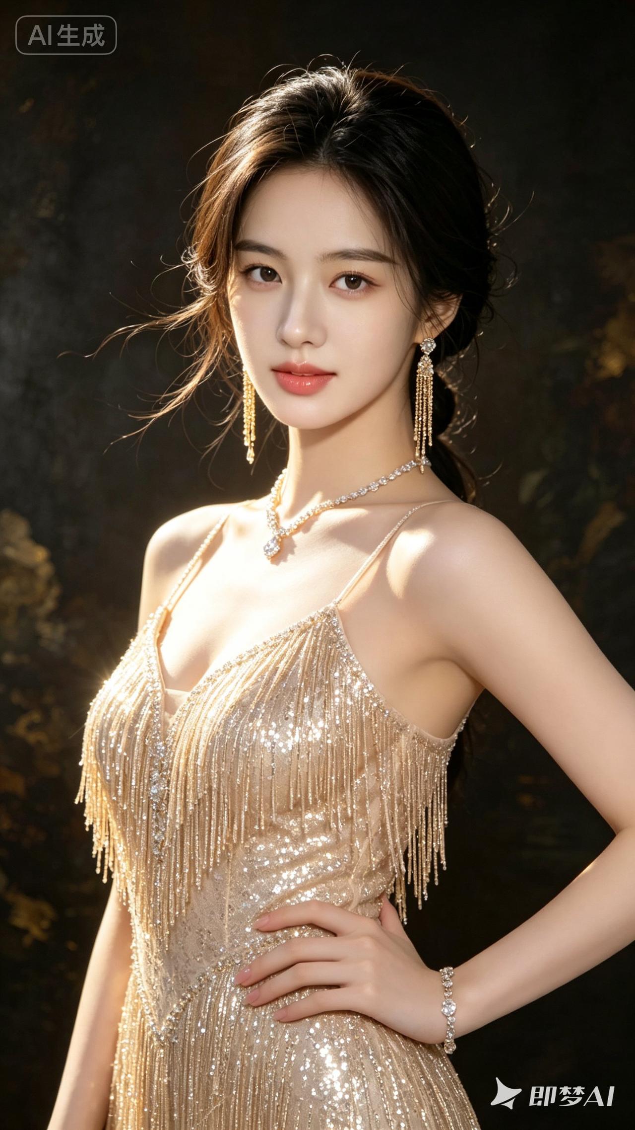 这姑娘穿着金光闪闪的晚礼服，好漂亮！