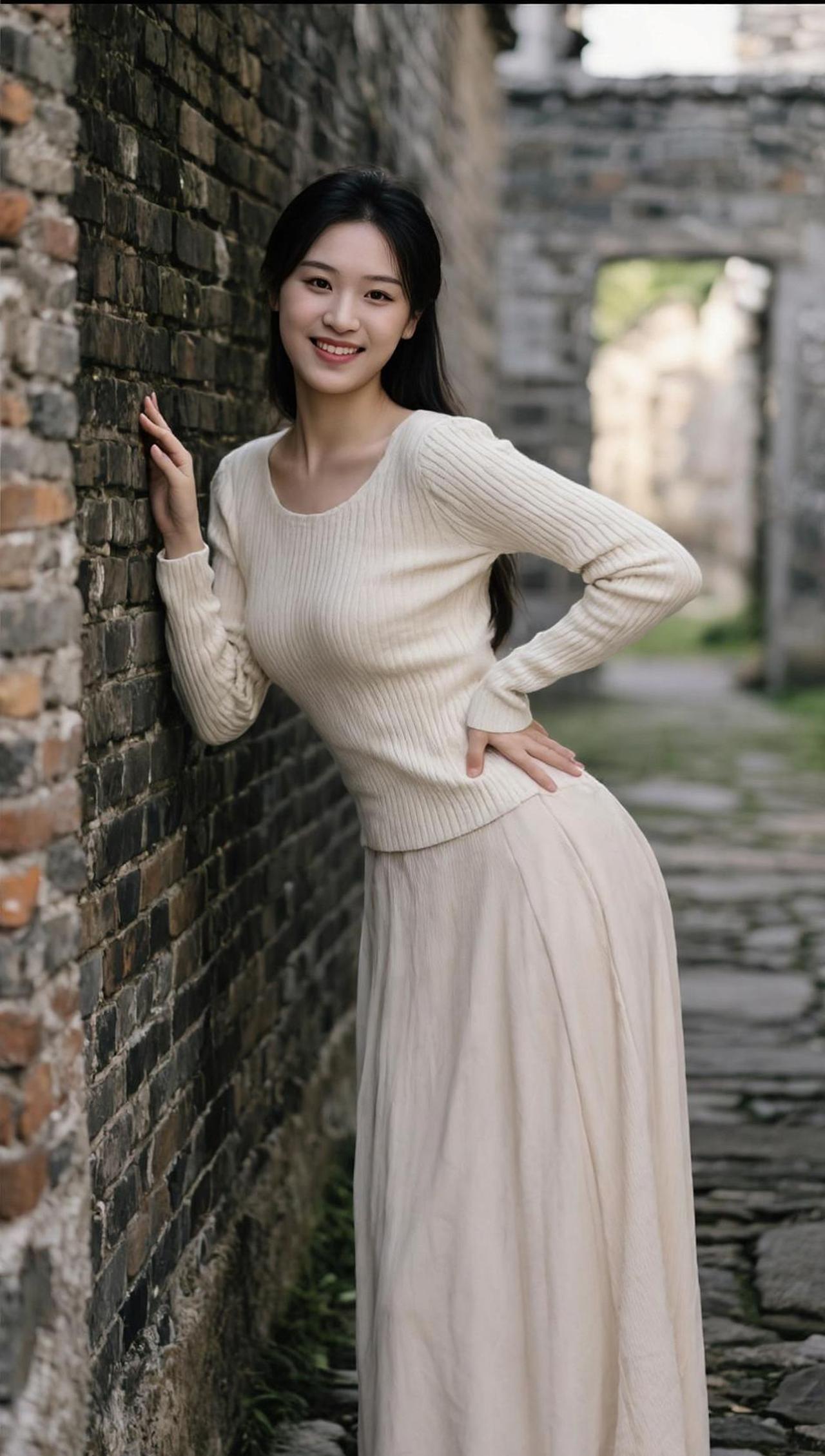 这姑娘靠在墙上，姿势随意得像是在拍大片，但墙上的青苔却在默默吐槽：“我这么古老，