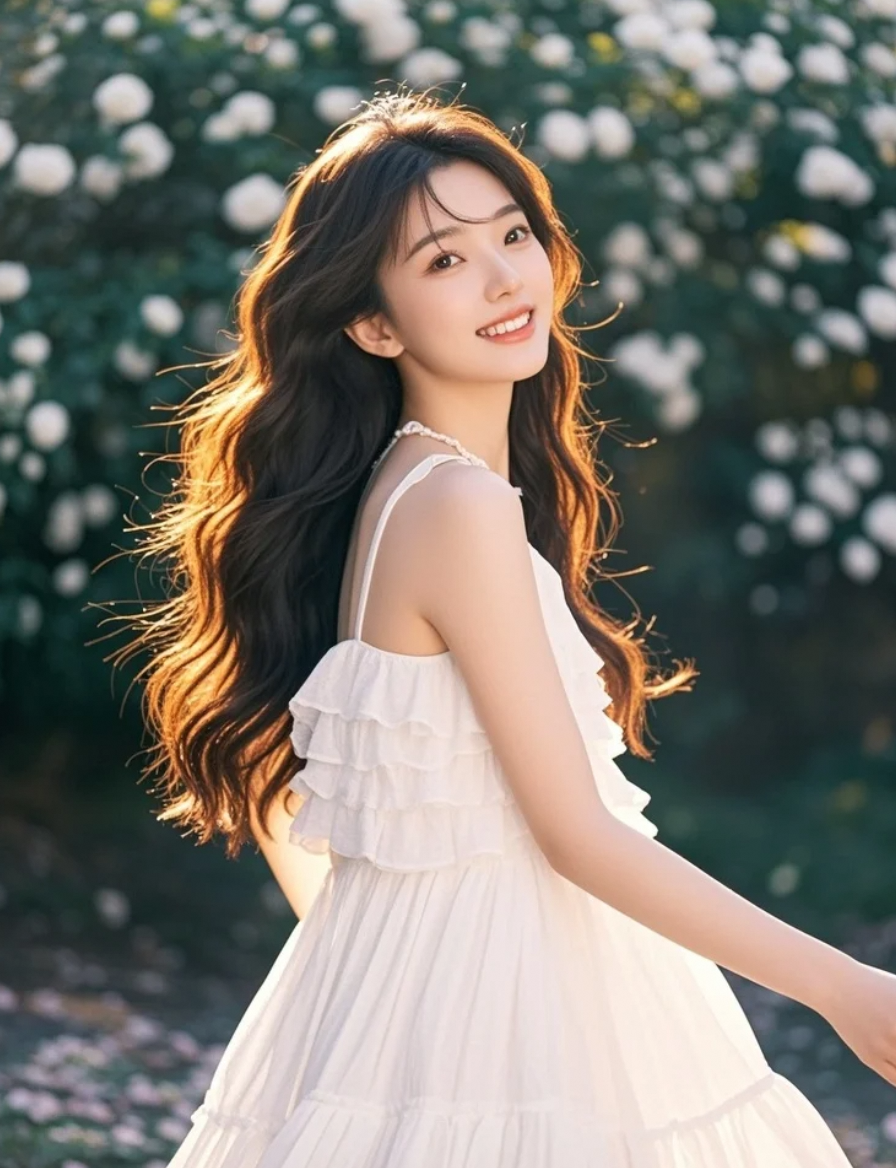 阳光下的长发女孩，笑容甜美，姿态优美如仙子