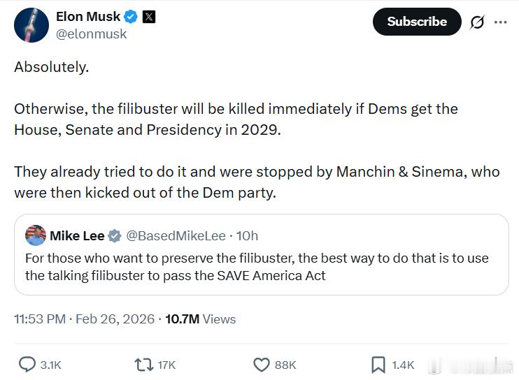 参议员迈克·李：对于那些想保留“冗长辩论”制度的人来说，最好的办法，就是使用“持