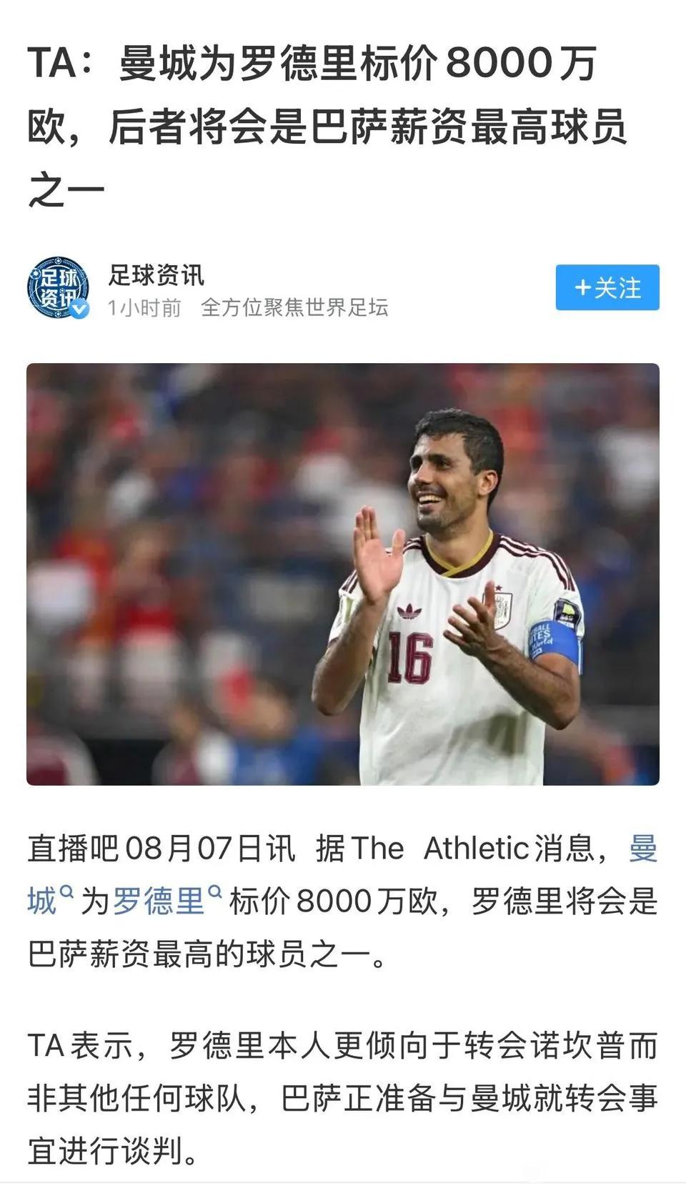 本来罗德里卖5000万欧元，结果巴萨加入涨价到8000万啦。罗德里30岁有伤