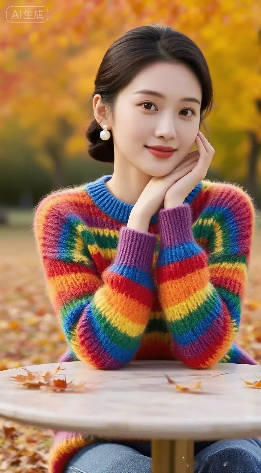 秋日暖阳下，彩虹毛衣女孩微笑