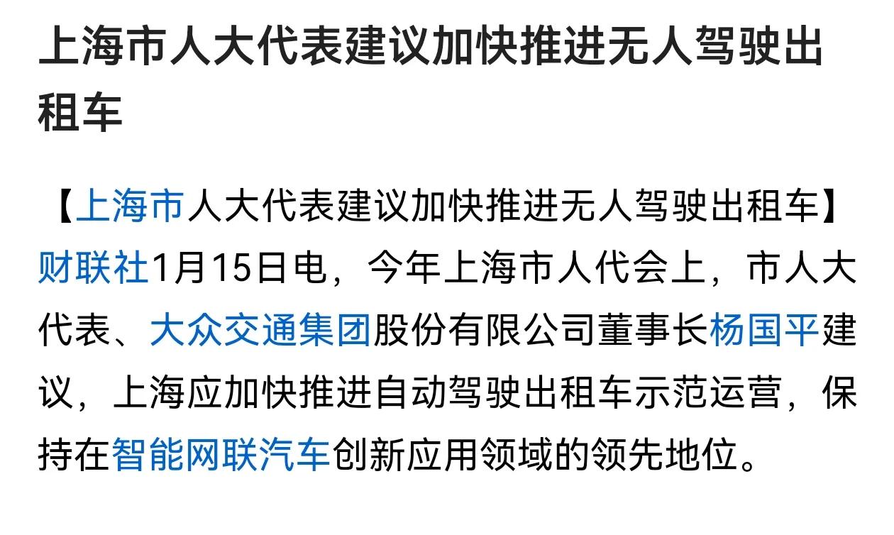 上海人大代表建议加快推进无人驾驶出租车，一看此代表，果然就是相关企业老板和拥有关