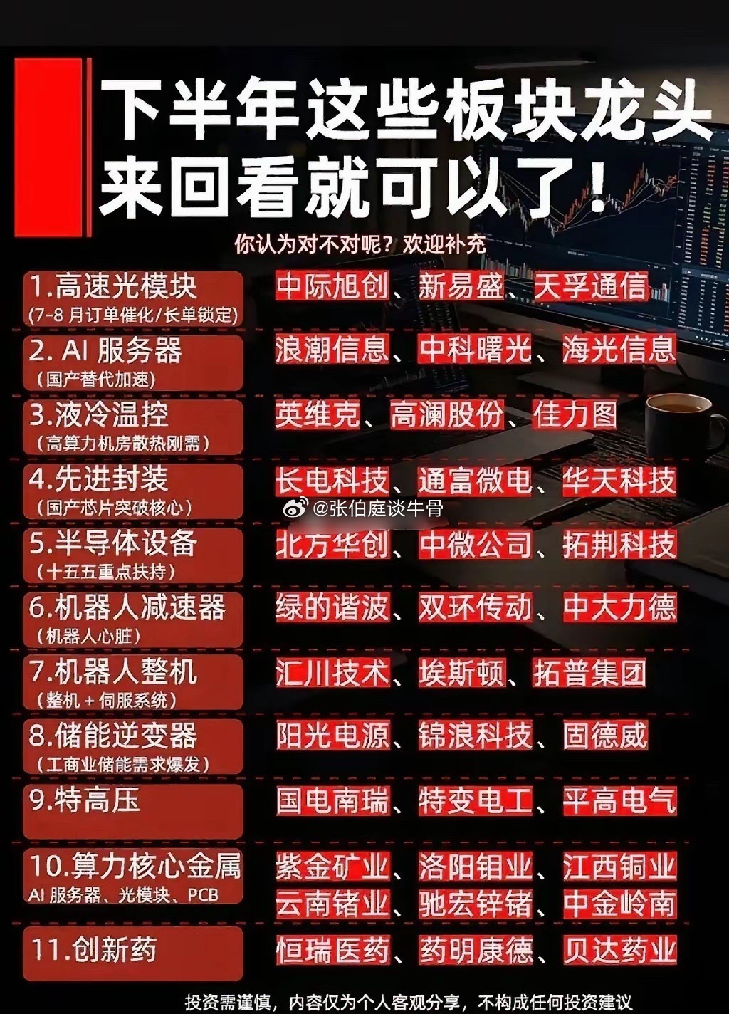 梳理下半年市场11条核心赛道以及对应龙头企业，逻辑全部贴合产业景气度：✅光模块受