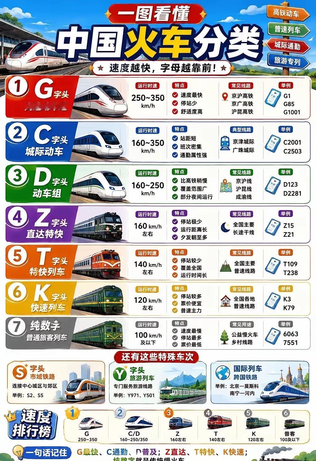 中国火车：车次字母分类详解[爱心]一、各类车次介绍1.G字头（高速动车