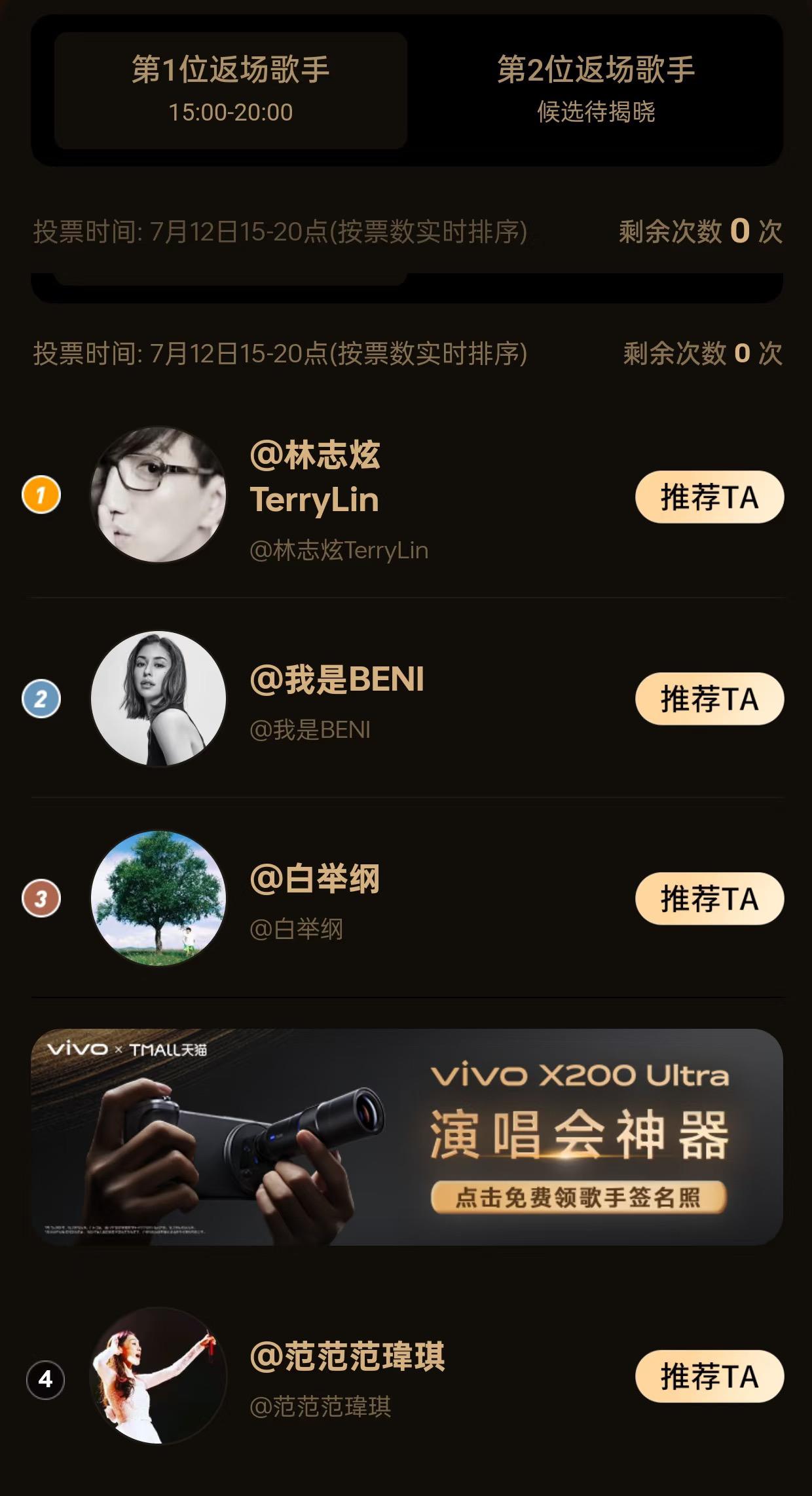 歌手复活投票开始了，林志炫目前暂时第一！看来林志炫很快要杀回歌手舞台了。另外