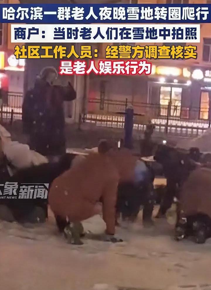 现在的老人花样真多别人在雪地里都是堆雪人、打雪仗哈尔滨一群老人围个圈在地上爬