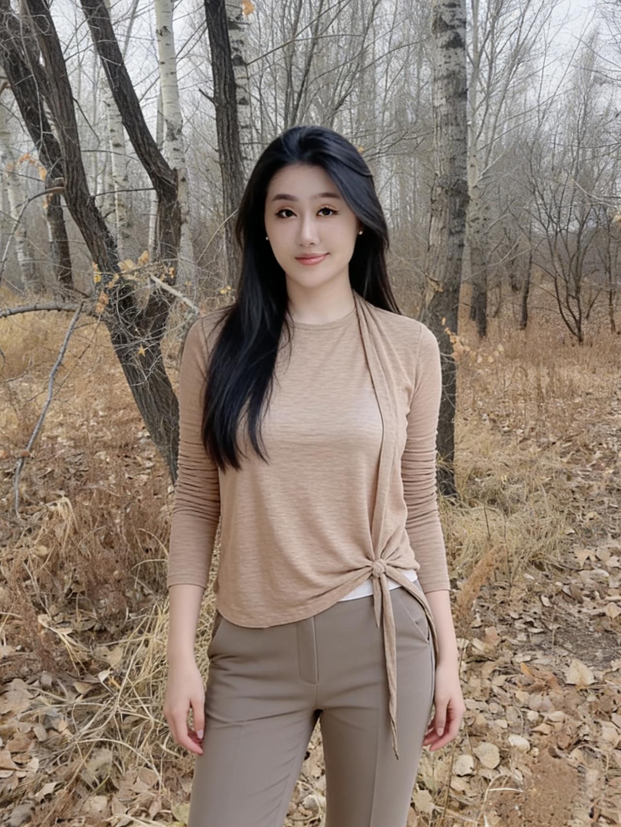 棕衫轻袂立秋林，长发垂肩映素心。莫道寒林凋落尽，佳人风骨胜春深。