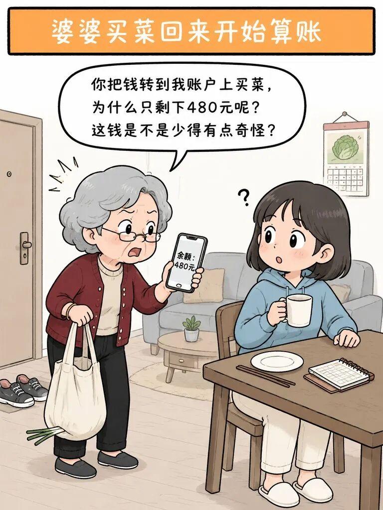 笑一笑：婆婆：你把钱转到我账户上买了菜，为什么只剩下480元呢？儿媳今天的菜很便