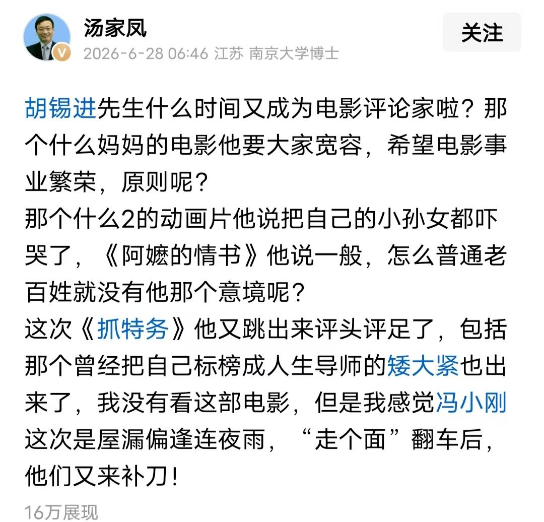 汤家凤火力全开，贴脸对胡锡进一顿怼。汤家凤喊话胡锡进，什么时候成电影点评家了？对