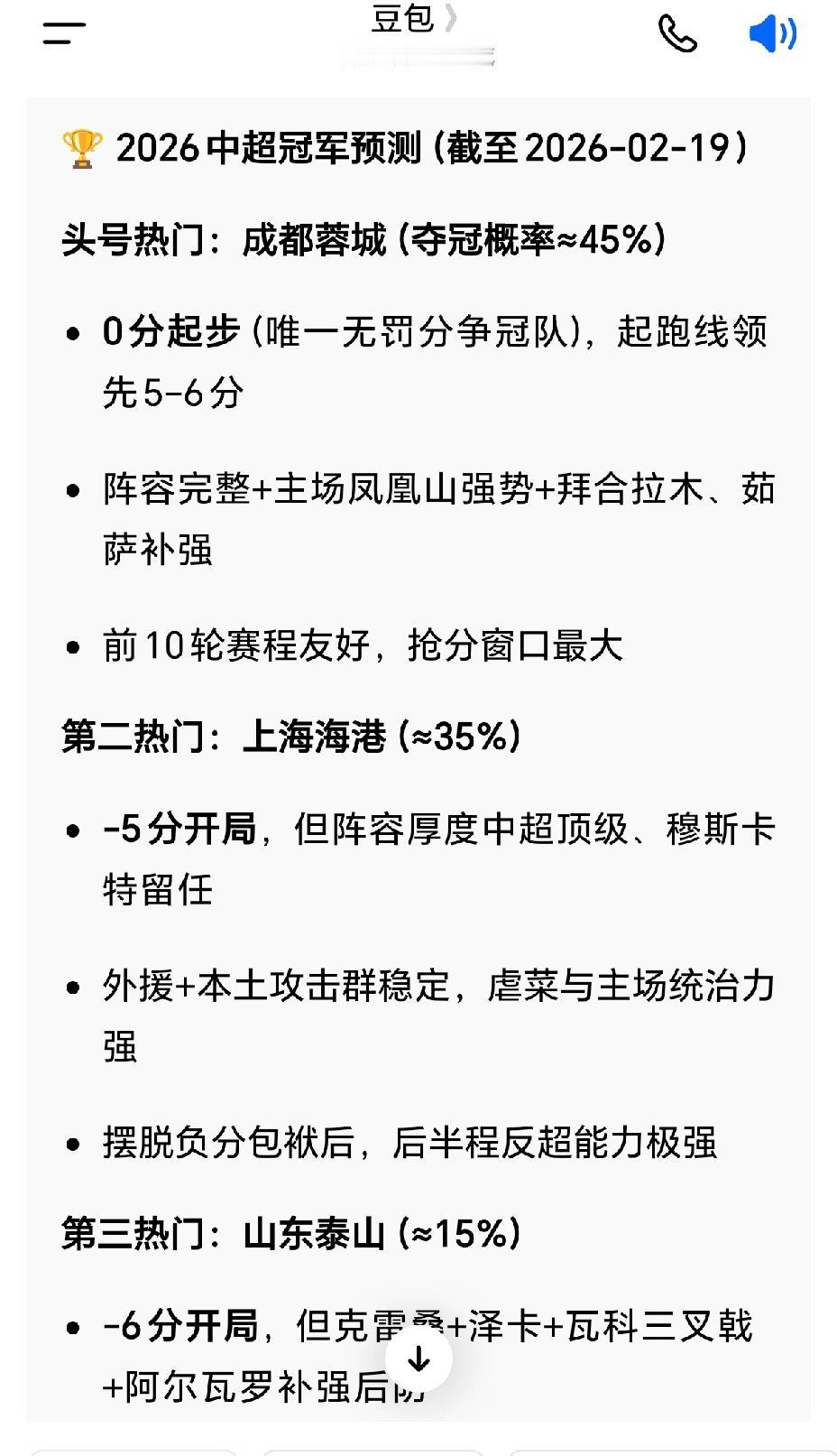 豆包今天的预测，泰山这夺冠概率基本上等于夺不了冠。这份最新预测里，泰山队仅有1