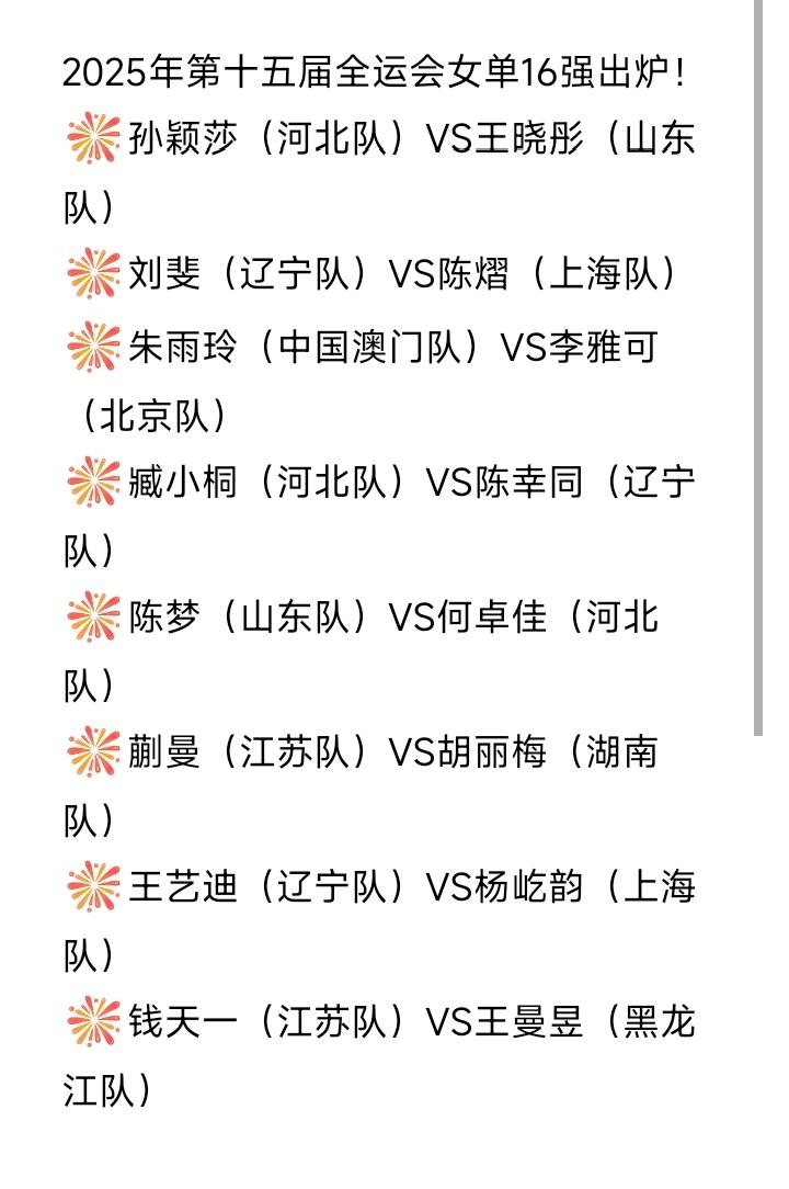 全运会乒乓球女单16强出炉！第十五届全运会乒乓球女单16强对阵情况如图所示。