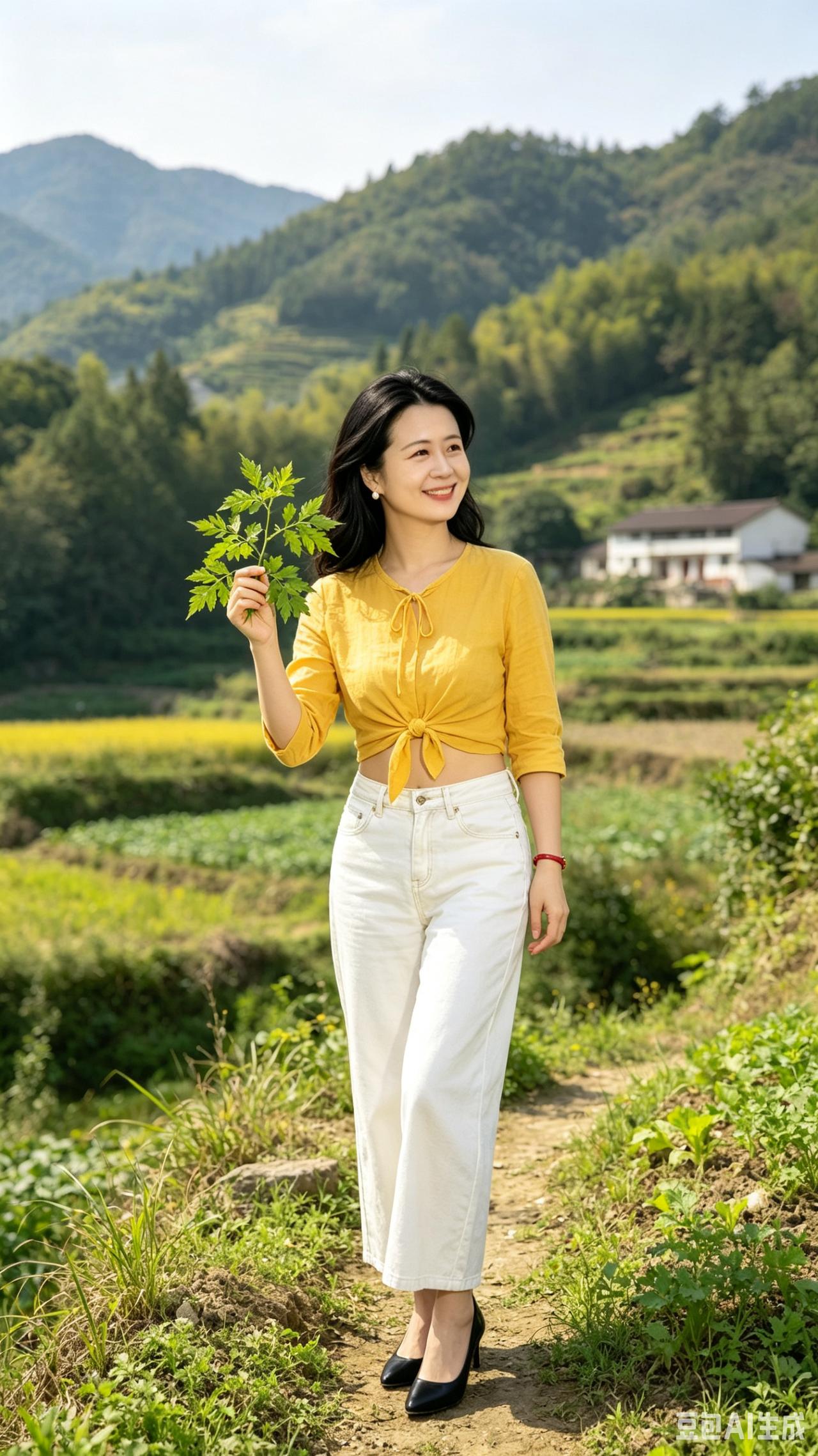 田园闲趣满园蔬果斗鲜妍，素手轻摘翠叶鲜。笑靥似花融晓日，田园逸趣乐绵绵。