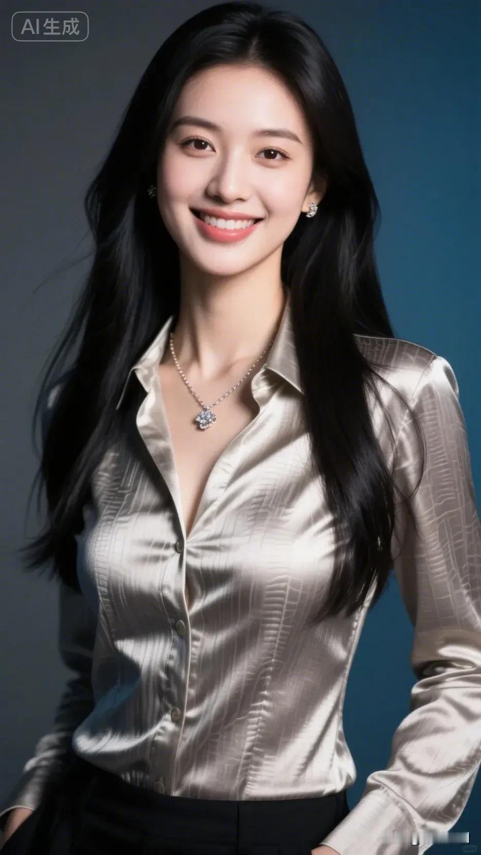 浅金缎面映着柔光，发丝垂落肩头，颈间的钻链与耳侧的碎钻相映。笑意漫过眉眼，