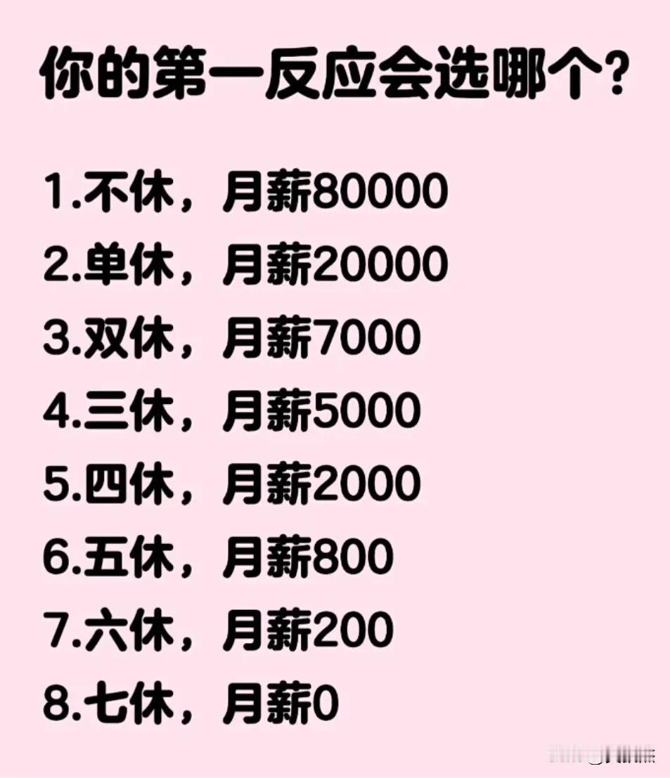 假如以下offer摆在你面前，你的第一反应会选哪个？1．不休，月薪80000