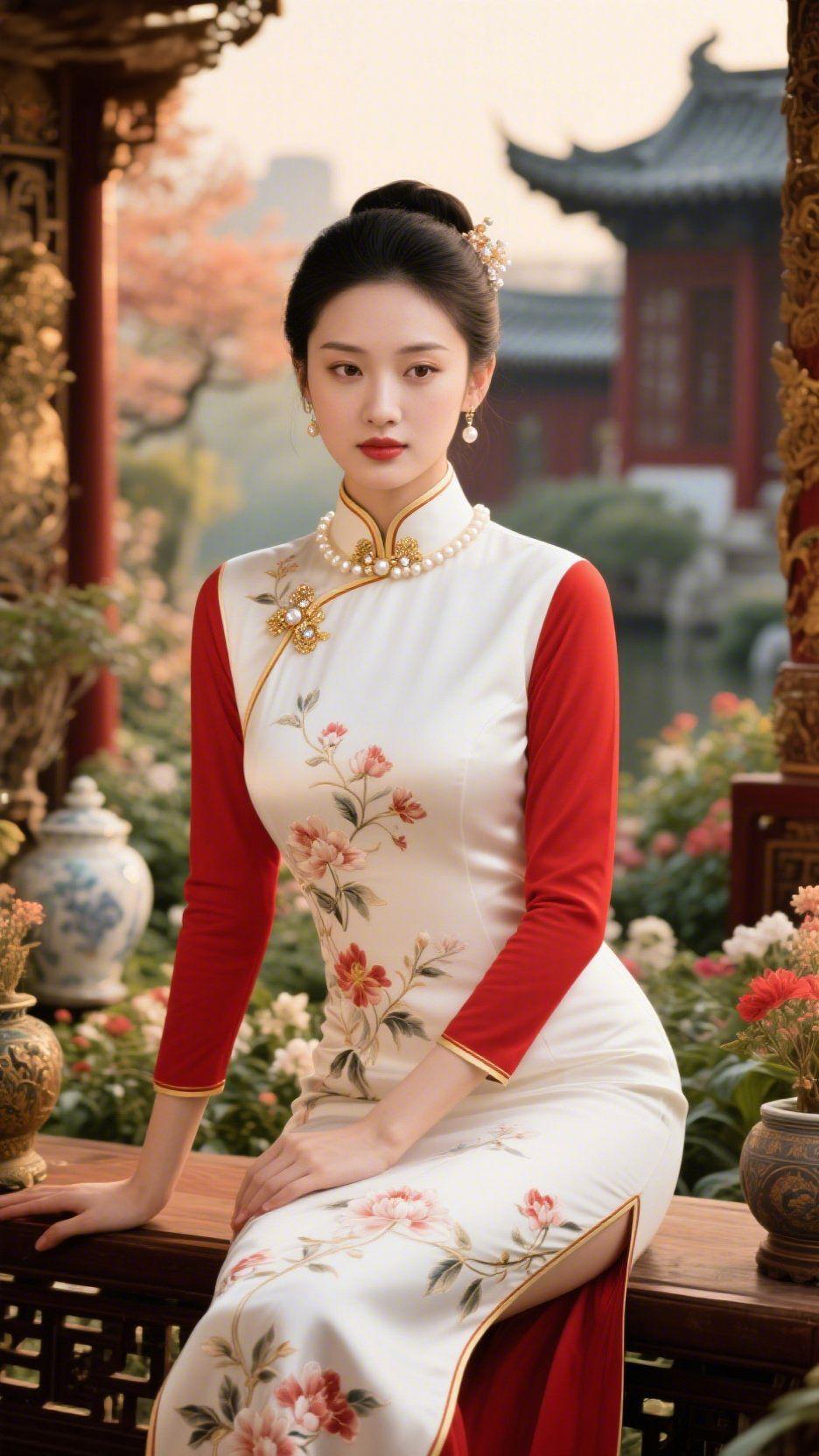 一袭旗袍静赏春光晨雾轻笼的江南庭院，古韵悠然。一袭素雅旗袍，绣着温婉的牡丹