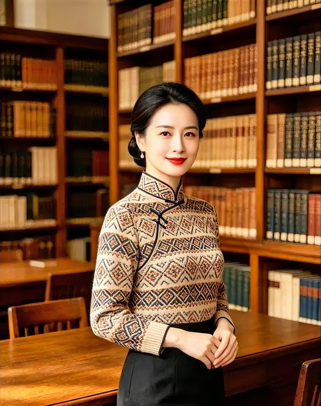 《书卷里的温婉》立领盘扣，织就几何的温雅，发髻轻挽，笑意漾在木色书架前。