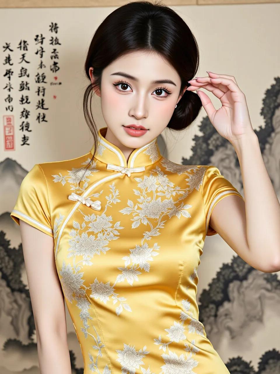 锦缎裁春，牡丹着绣。画中山水化作裙裾上的江山，美人一颦一笑皆是千年风雅的注脚。旗