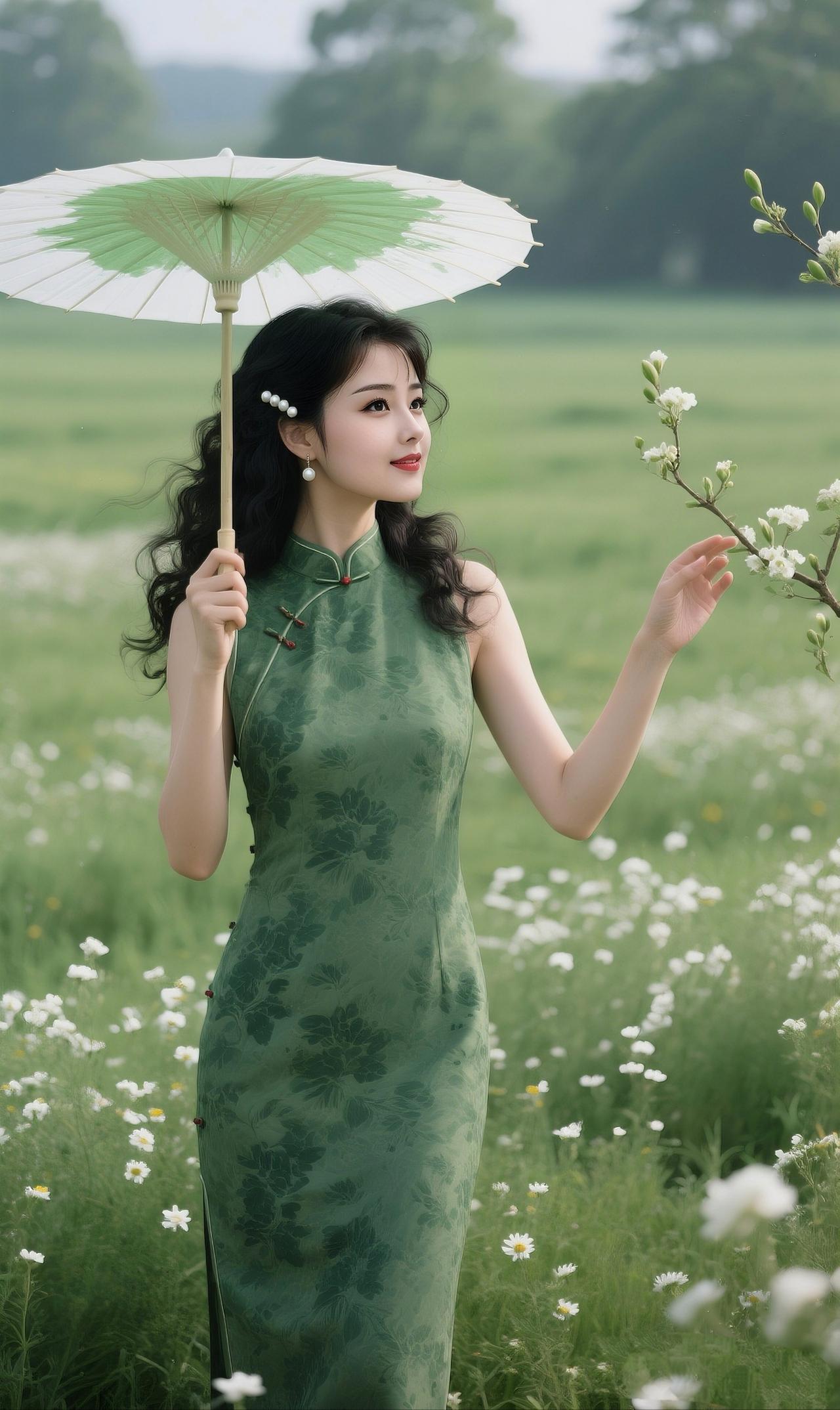《青伞旗袍春野行》烟青漫过野田风，一伞新绿撑晴空旗袍裁就江南韵，玉立芳丛