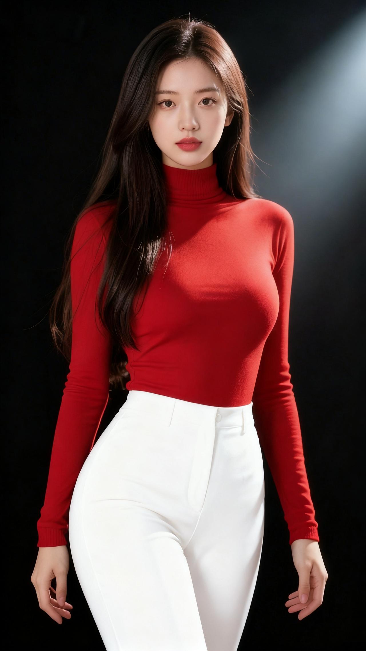 赤焰映清白一束光破开浓黑的底色，她立于明暗之间，红衫如焰，白裤似霜，将极致