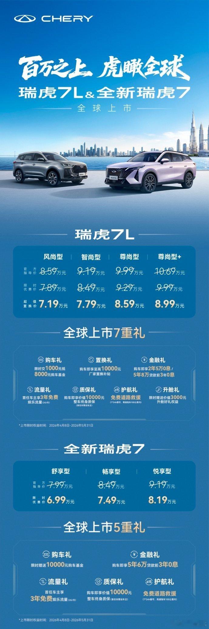 全新瑞虎7和7L来了，，主打个“百万之上，虎瞰全球”。车子看着挺大气，配置也做了