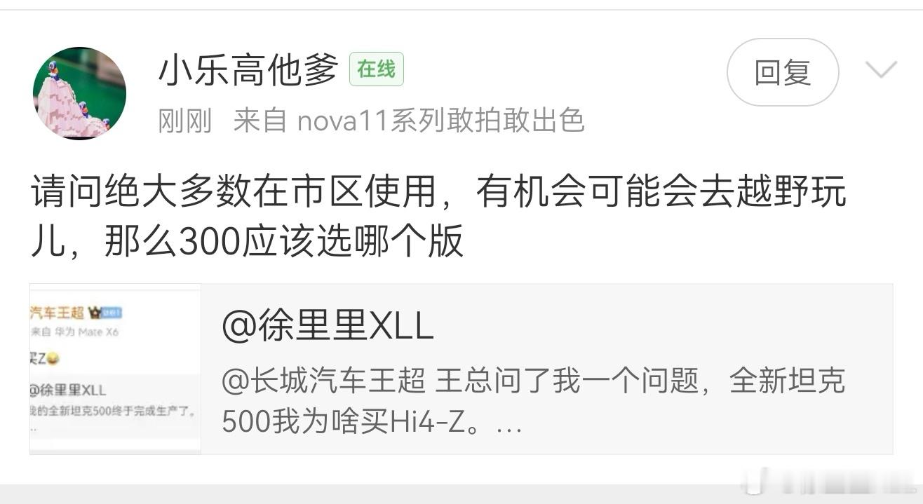 坦克300我一律都是推荐Hi4-T版本。别看我自己买的柴油版。但是只要有人问，我
